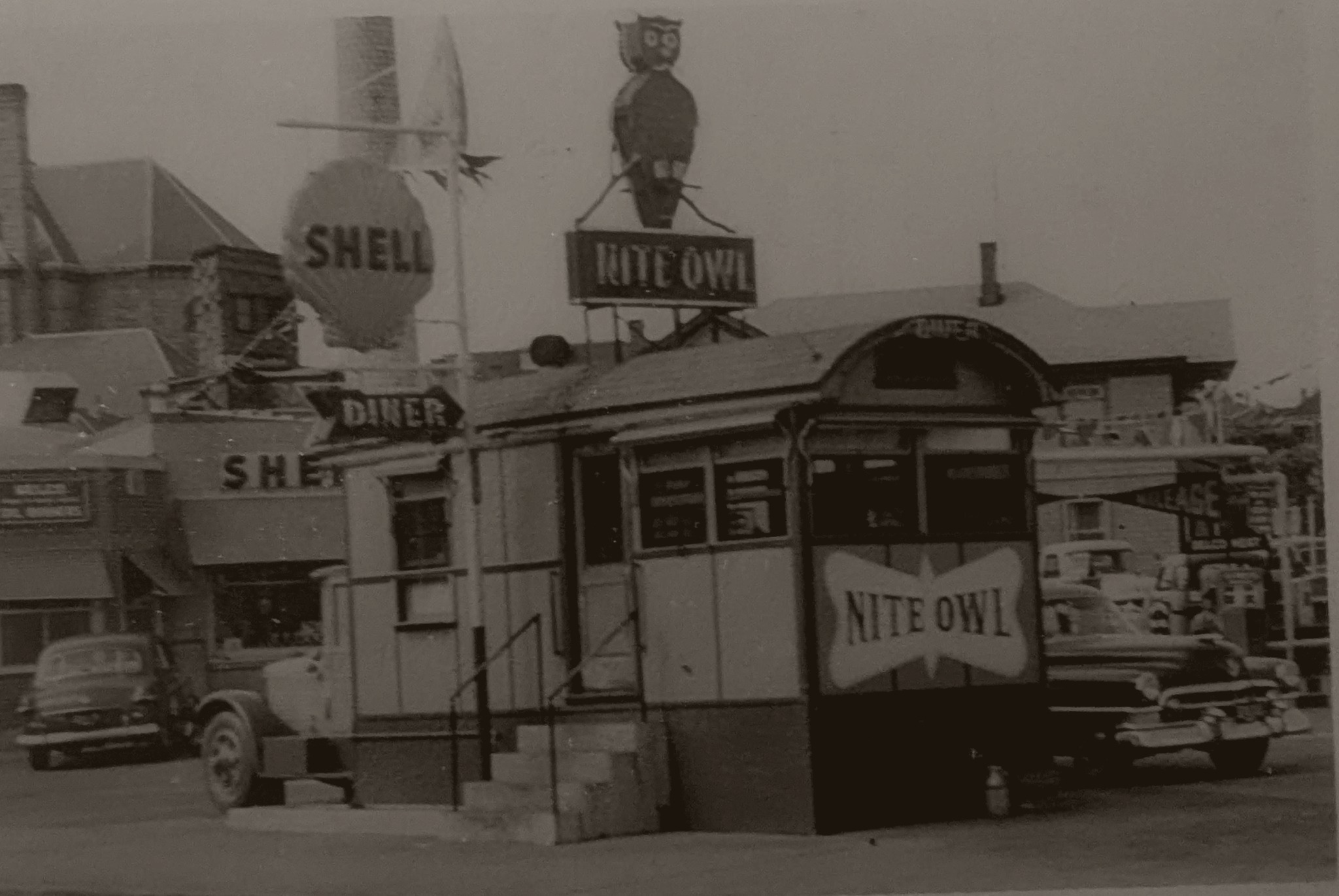 Historic black-and-white photograph of the Nite Owl diner in Fall River